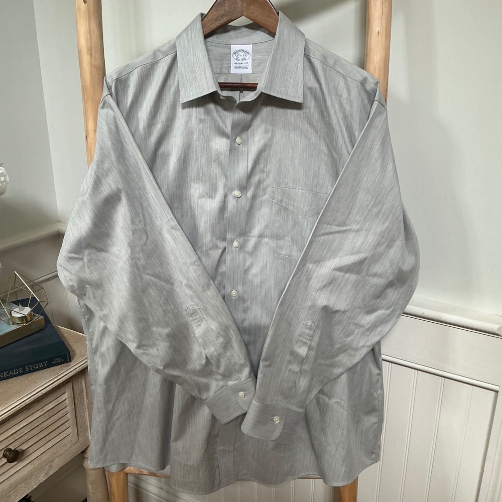 Brooks Brothers Regent Fit Dress Shirt Grey Herringbone 17.5 33 Supima Cotton